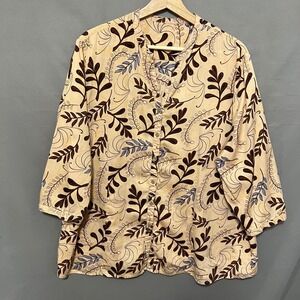 Cotton Vacation Floral Button Down Top 3/4 Sleeve Blouse Beige Brown‎ Plus Size